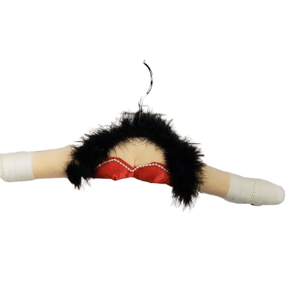 Burlesque-Inspired Decorative Hanger With Red Satin Black Feather Boa Faux Pearl